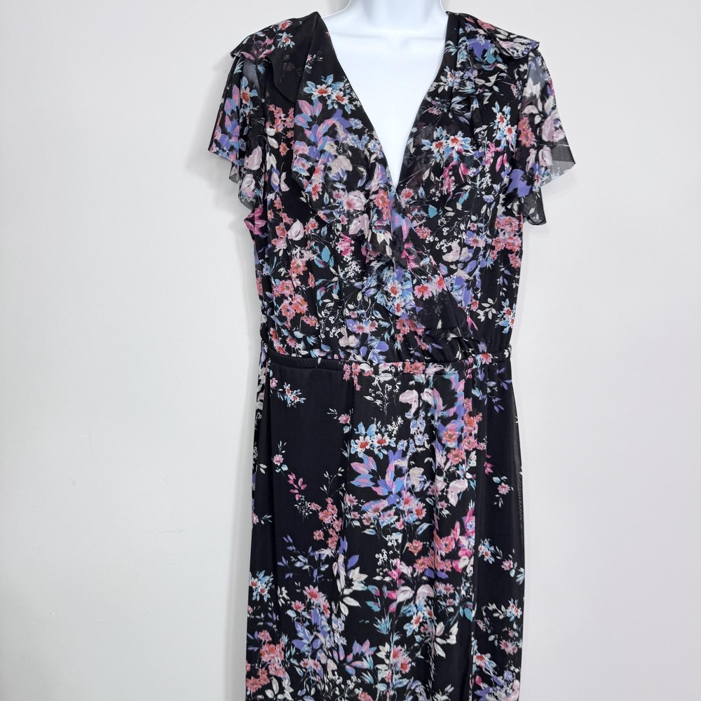 Apt. 9 Dress Womens Large Black Floral Chiffon Wrap Maxi Ruffle Hem Lined - Picture 7 of 11